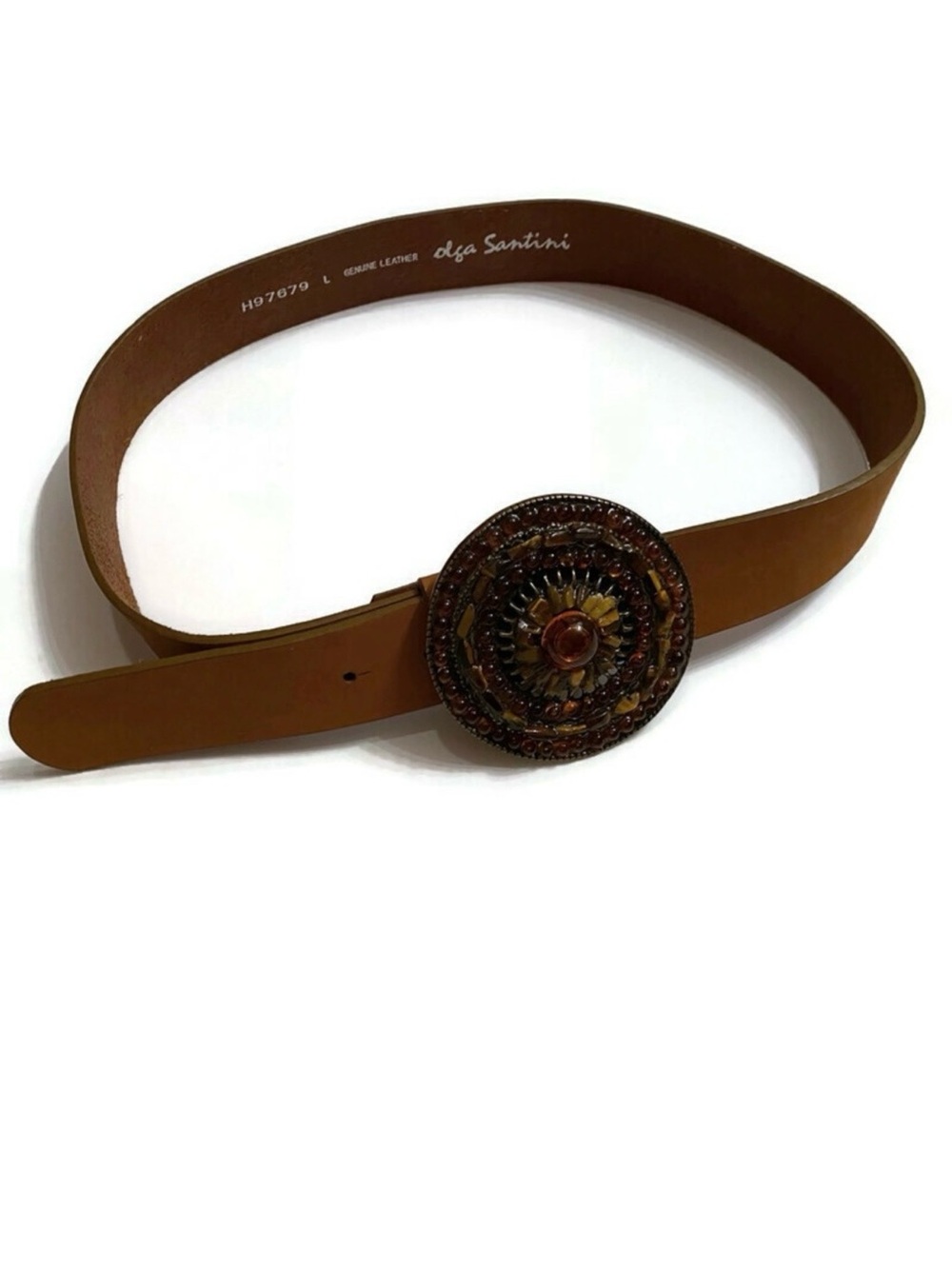 OLGA SANTINI BELT NEW BROWN LEATHER FIRE CIRCLE BUCKLE ADJUSTABLE NWT SIZE L